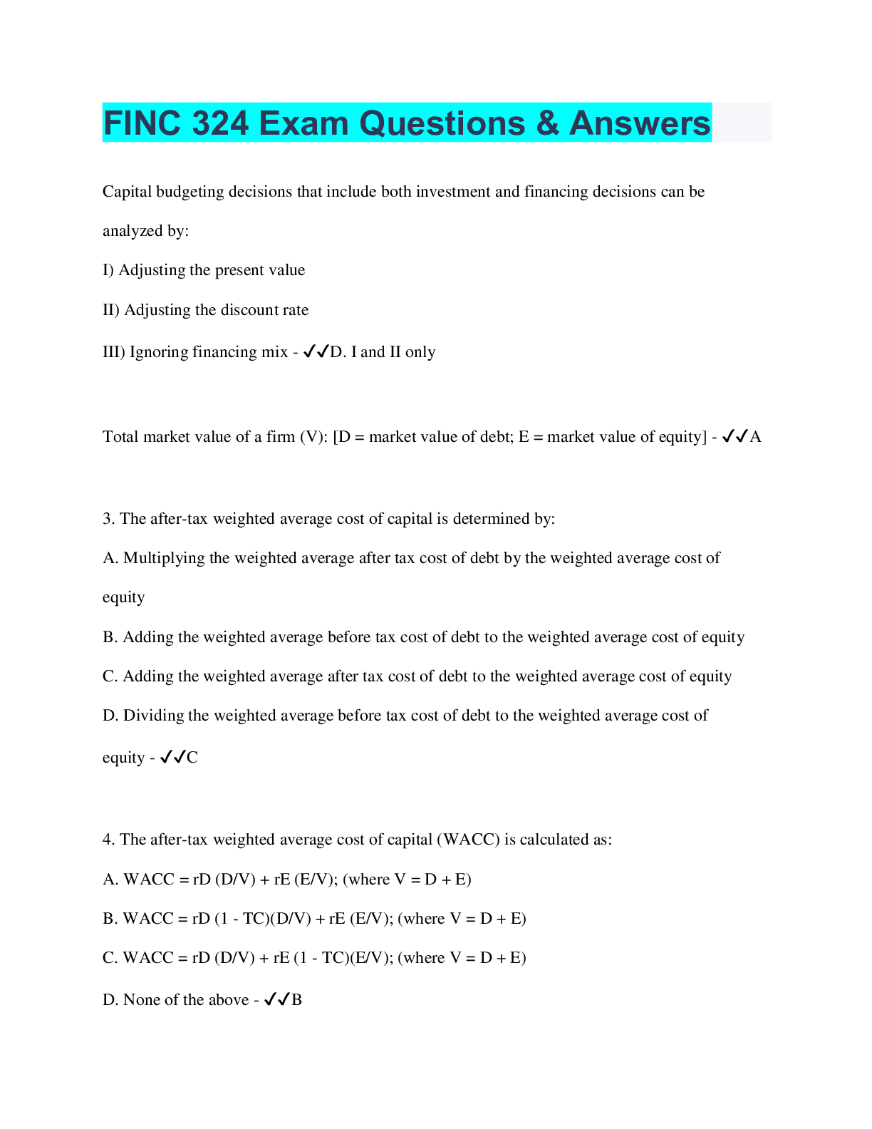 Preview image for FINC 324 Exam Questions & Answers
