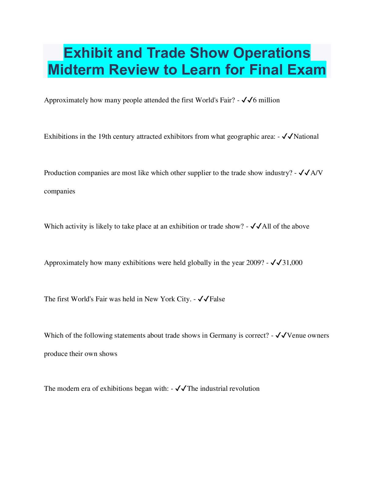 Preview image for Exhibit and Trade Show Operations Midterm Review to Learn for Final Exam