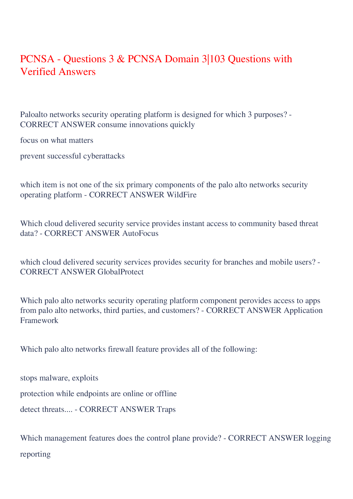 Preview of PCNSA - Questions 3 &amp; PCNSA Domain 3|103 Questions with Verified Answers,100% CORRECT