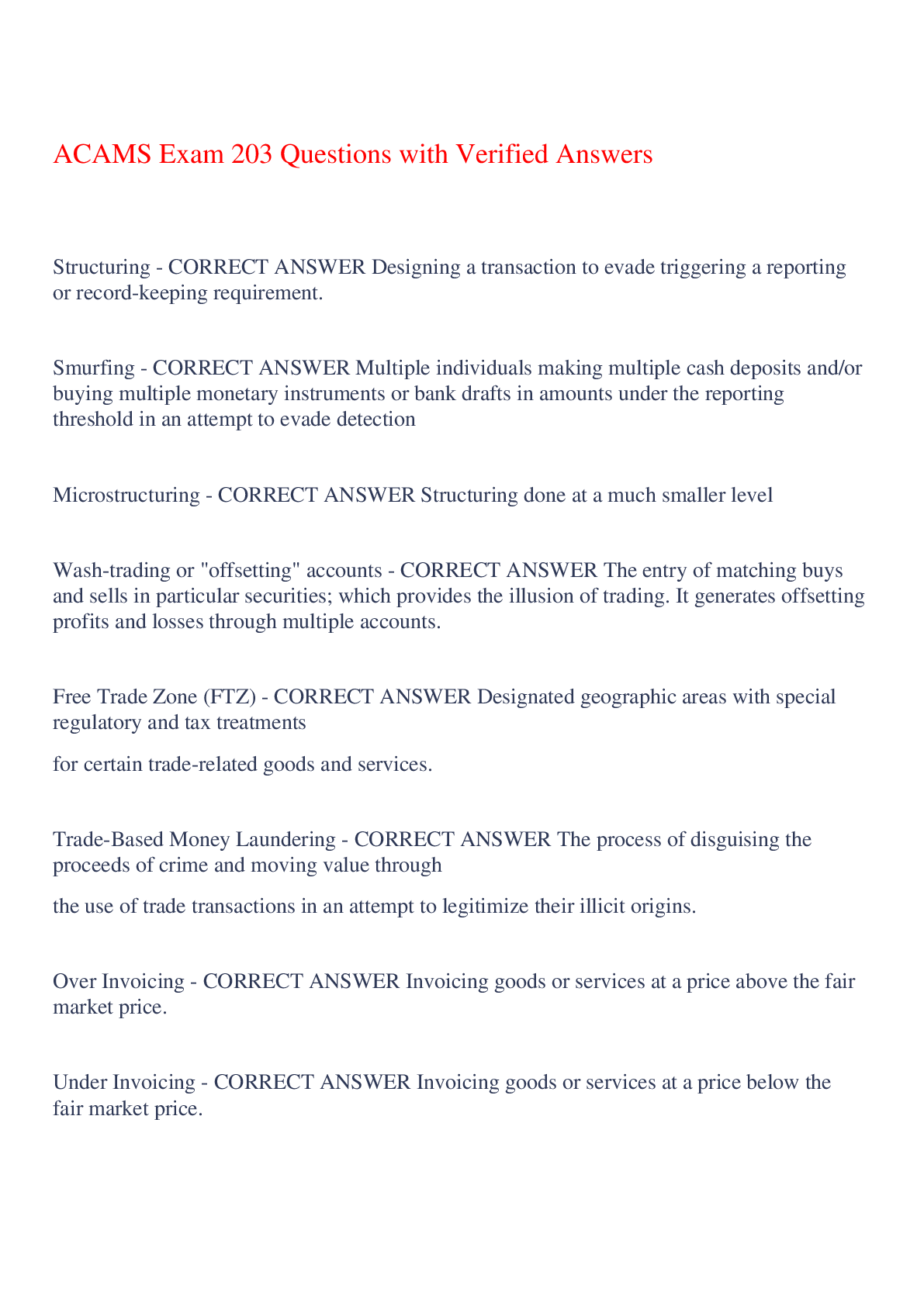 Preview of ACAMS Exam 203 Questions with Verified Answers,100% CORRECT
