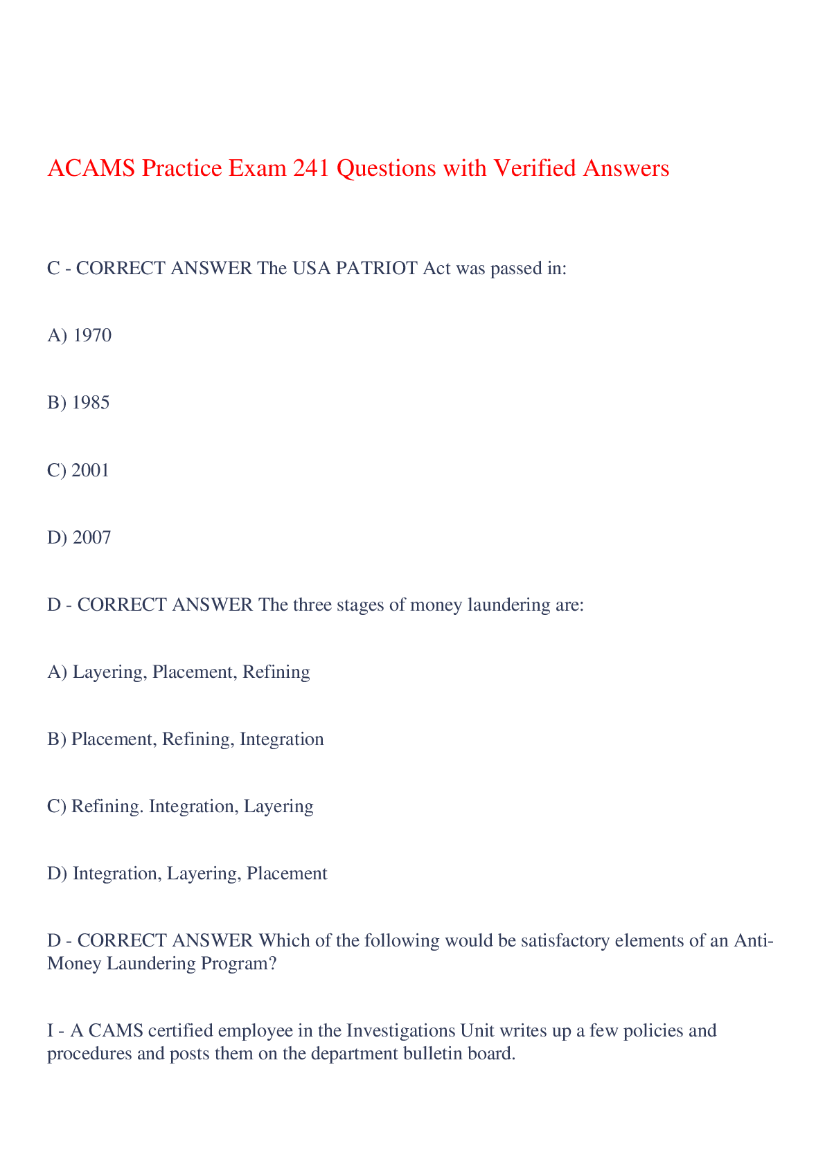 ACAMS Practice Exam 241 Questions with Verified Answers,100% CORRECT