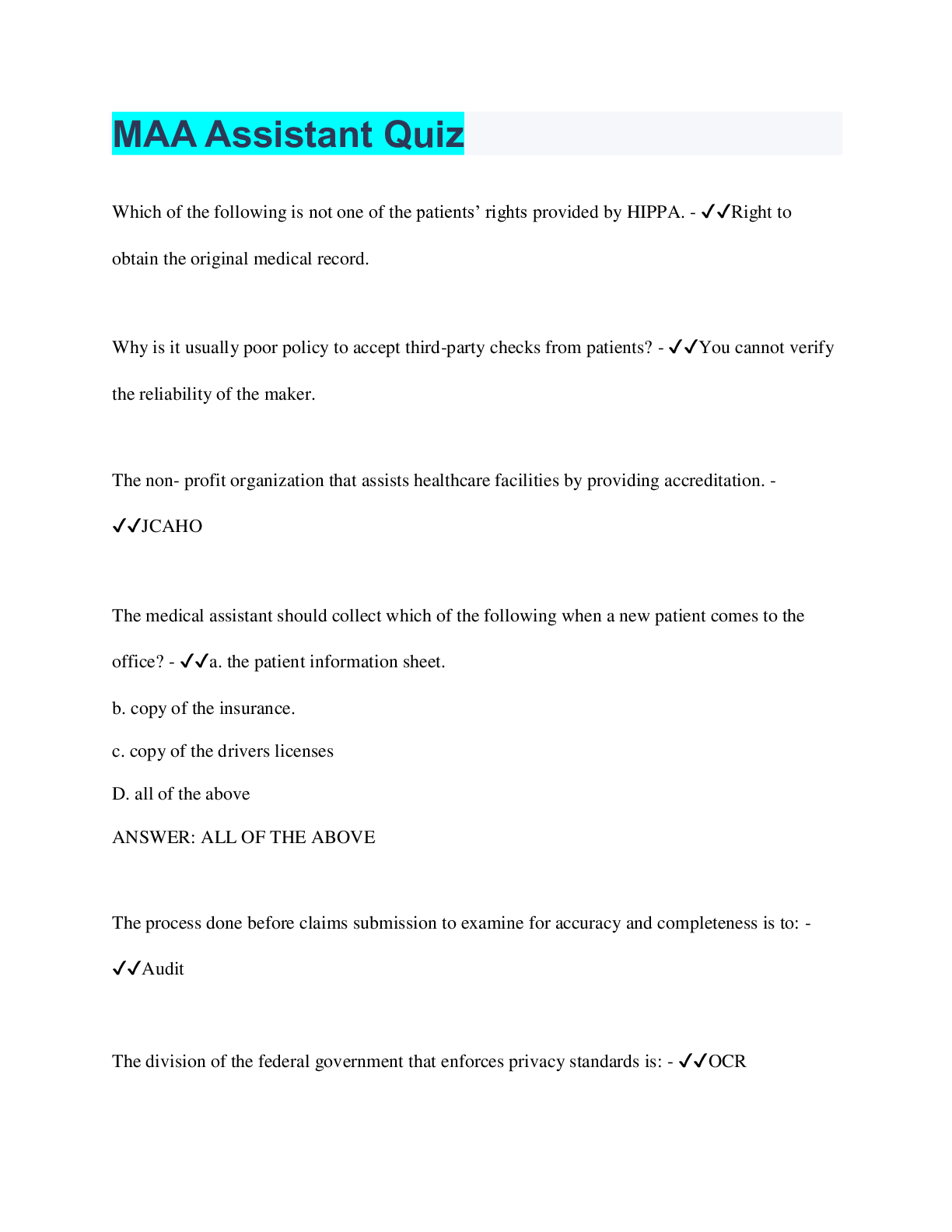 Preview image for MAA Assistant Quiz