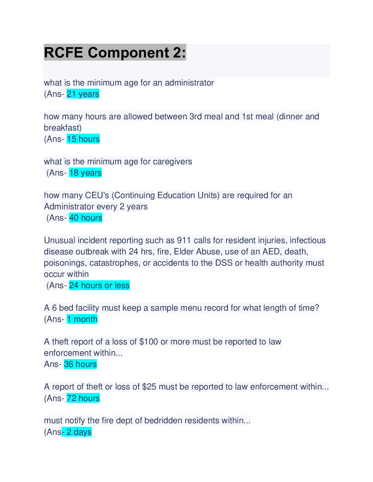 Preview image of RCFE Component 2:  Questions & Answers: Latest Updated document