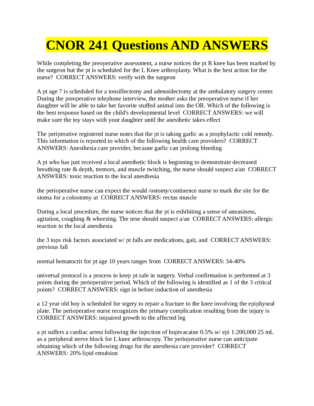 Preview of CNOR 241 Questions AND ANSWERS 2023