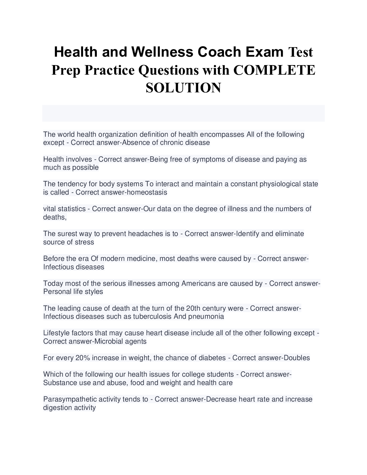 Preview of Health and Wellness Coach ExamTestPrep Practice Questions with COMPLETESOLUTION