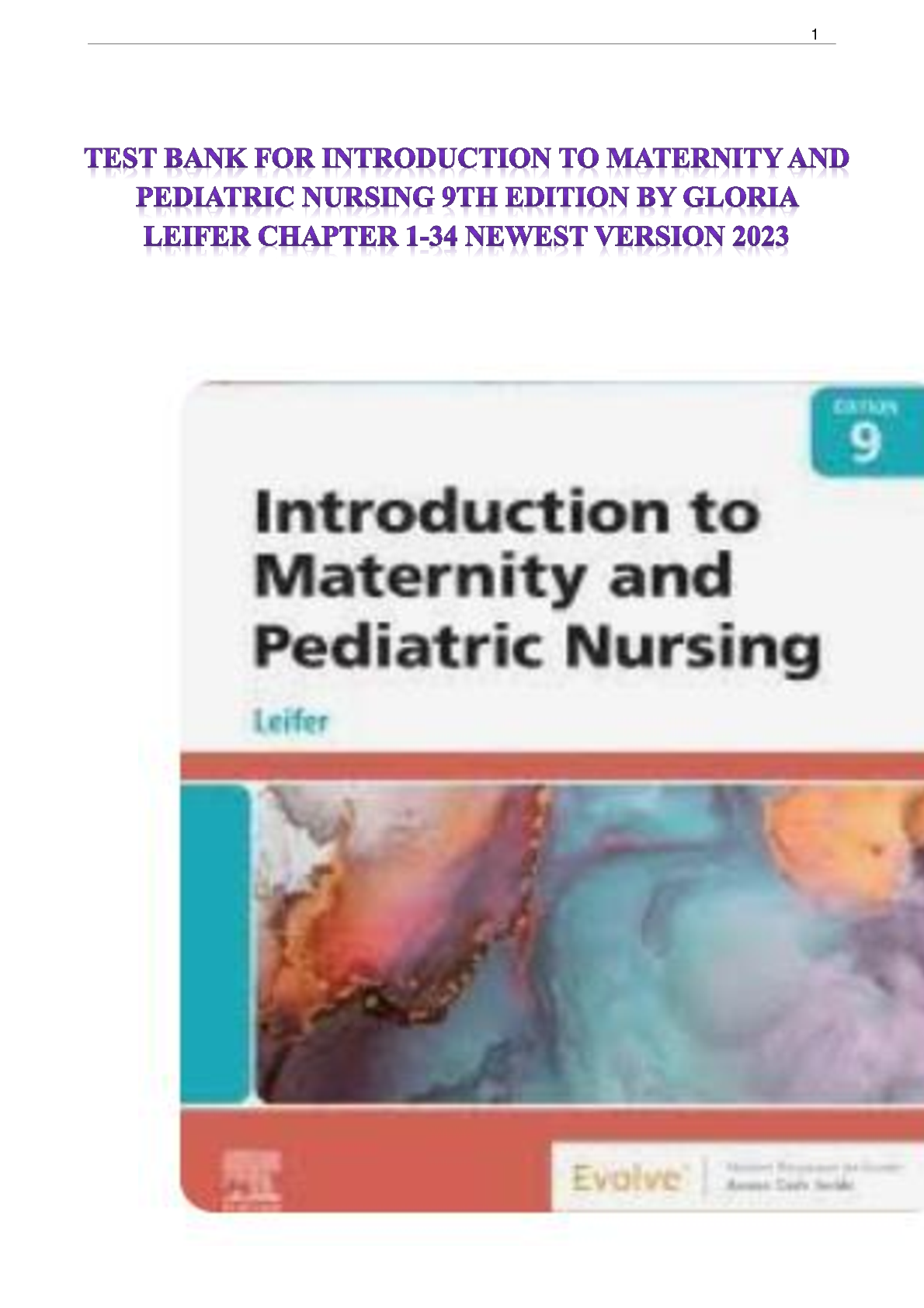 Preview image for TEST BANK FOR INTRODUCTION TO MATERNITY AND PEDIATRIC NURSING 9TH EDITION BY GLORIA LEIFER CHAPTER 1-34 NEWEST VERSION 2023