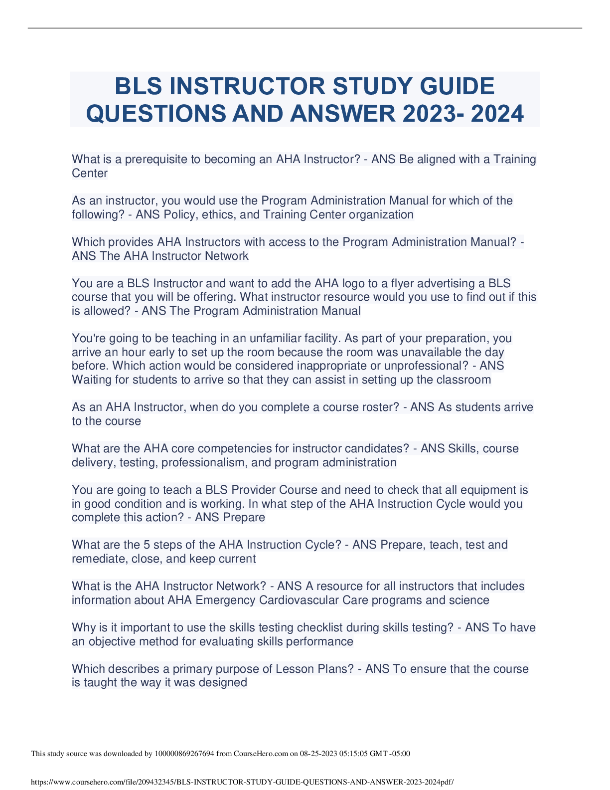 Preview image of BLS INSTRUCTOR STUDY GUIDEQUESTIONS AND ANSWER 2023-2024 document