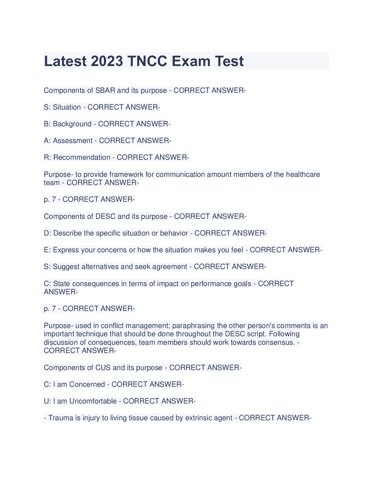 Preview of Latest 2023 TNCC Exam Test 2023