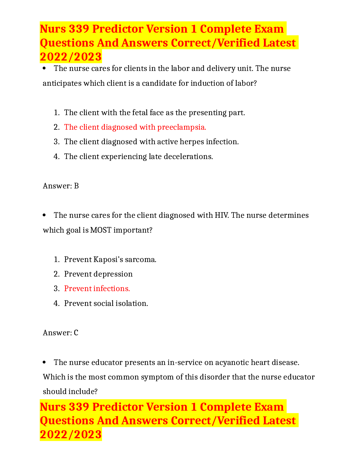 Nurs 339 Predictor Version 1 Complete ExamQuestions And Answers CorrectVerified Latest20222023