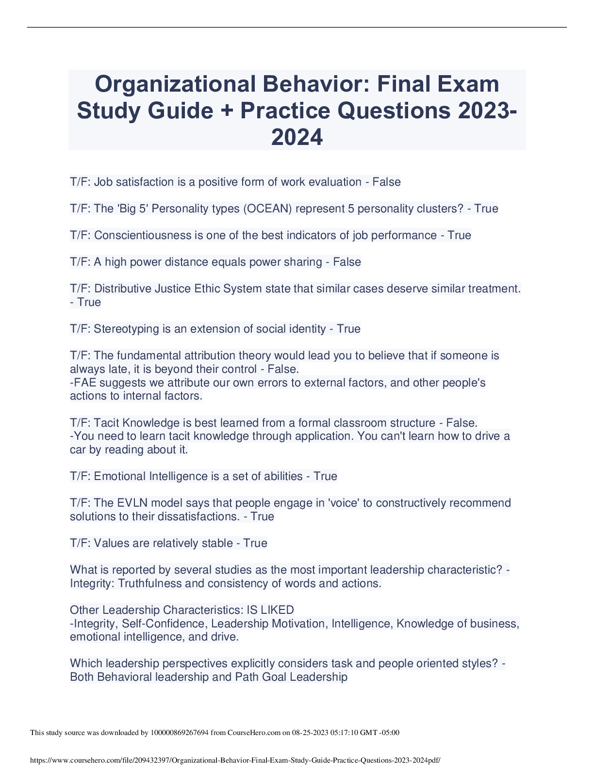 Organizational Behavior Final Exam Study Guide + Practice Questions 2023-2024.