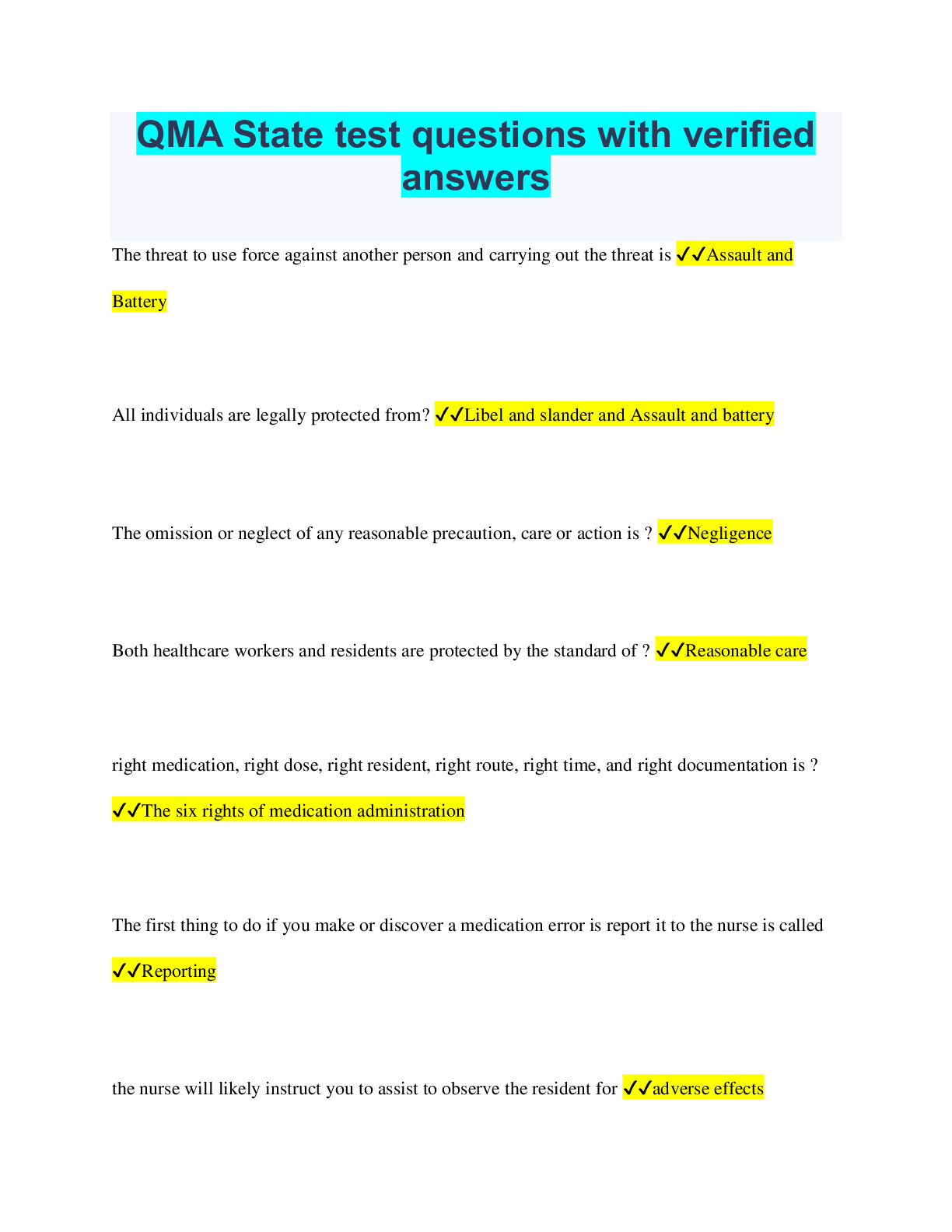 Preview image for QMA State test questions with verified answers