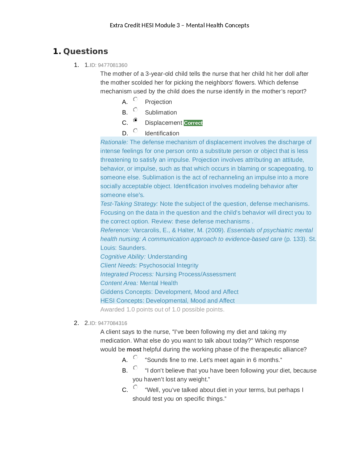 Preview of Extra Credit HESI Module 3 - Mental Health Concepts FULL