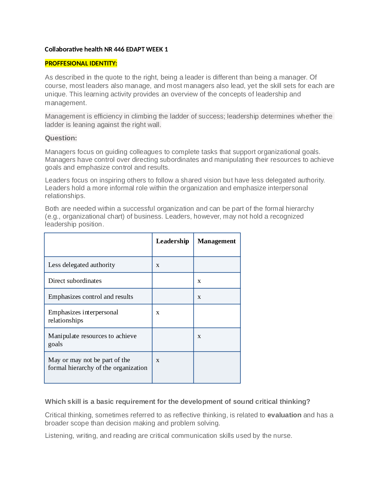 Preview of Collaborative health NR 446 EDAPT WEEK 1 Full