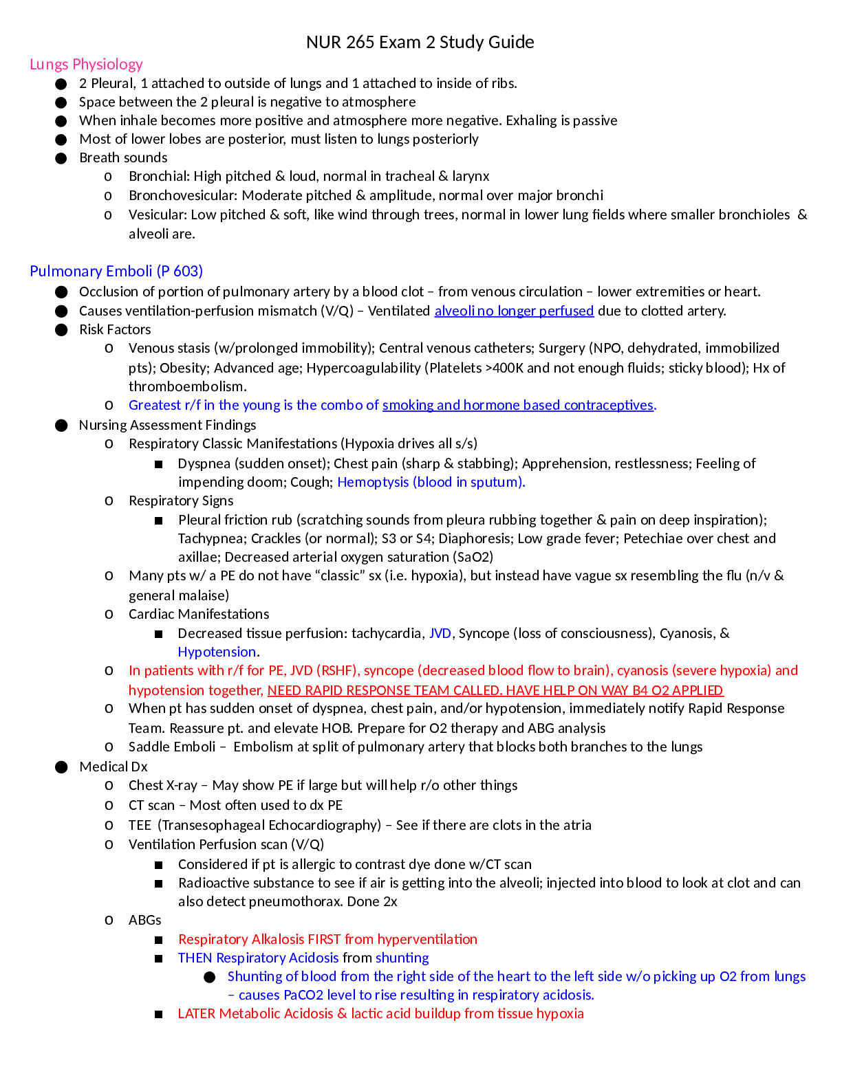NUR 265 Exam 2 Study Guide Lungs Physiology