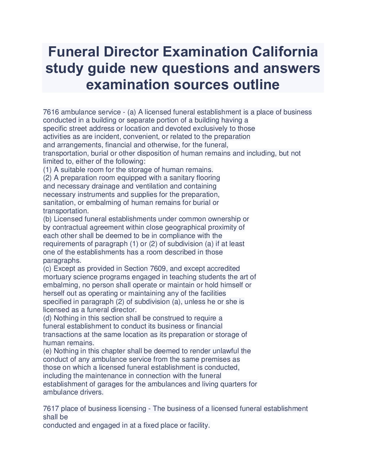 Preview of Funeral Director Examination Californiastudy guide new questions and answersexamination sources outline