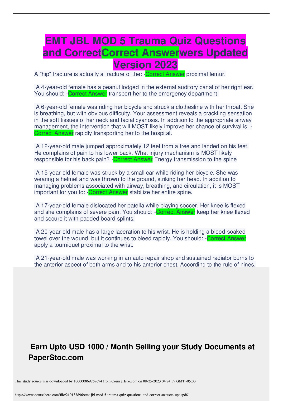 Preview of EMT JBL MOD 5 Trauma Quiz Questionsand CorrectCorrect Answerwers UpdatedVersion 2023