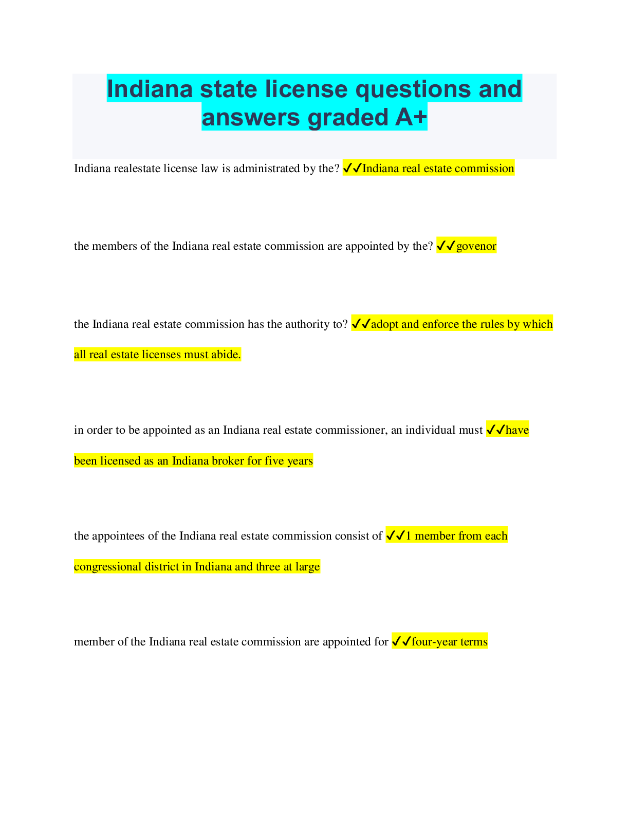 Preview image for Indiana state license questions and answers graded A+