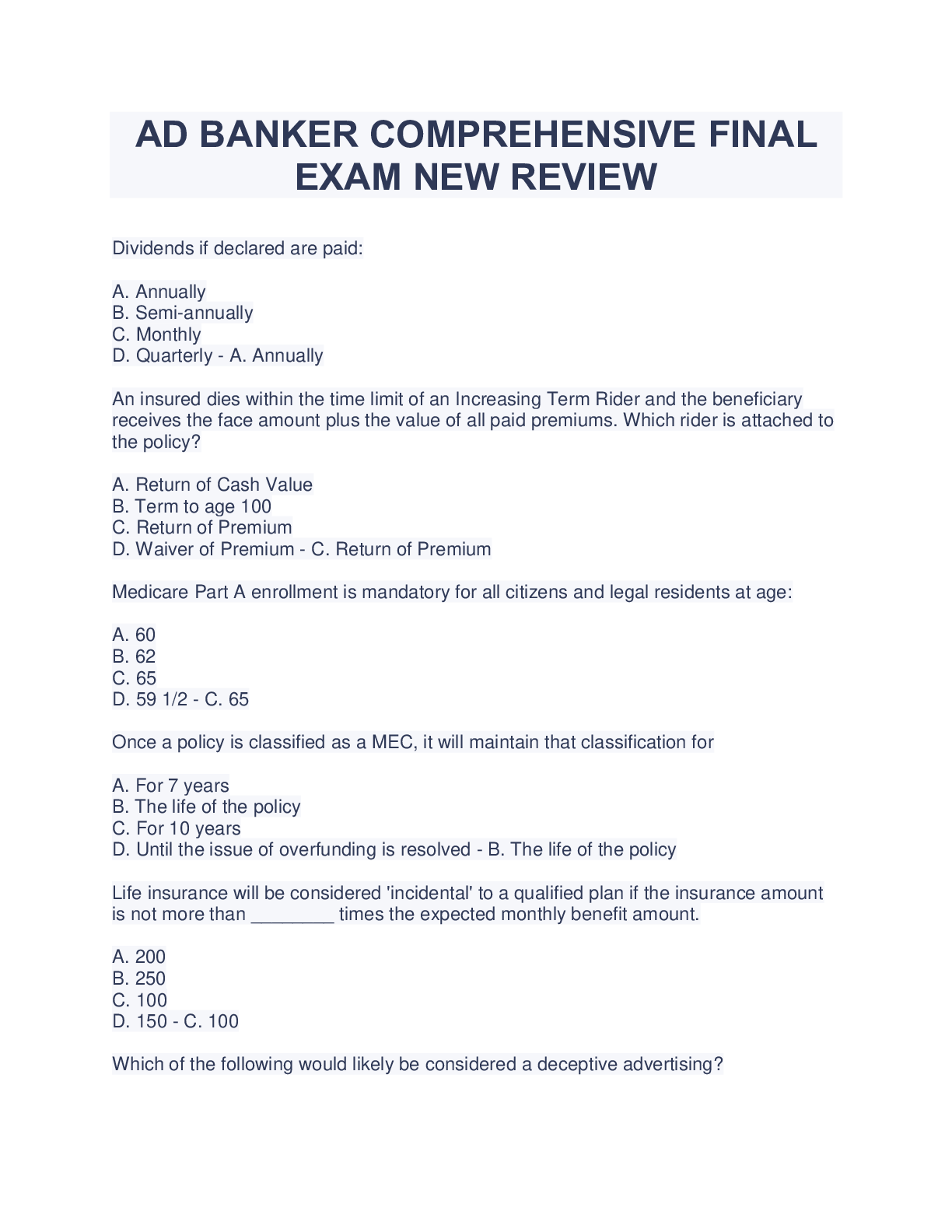 Preview of AD BANKER COMPREHENSIVE FINAL EXAM NEW REVIEW