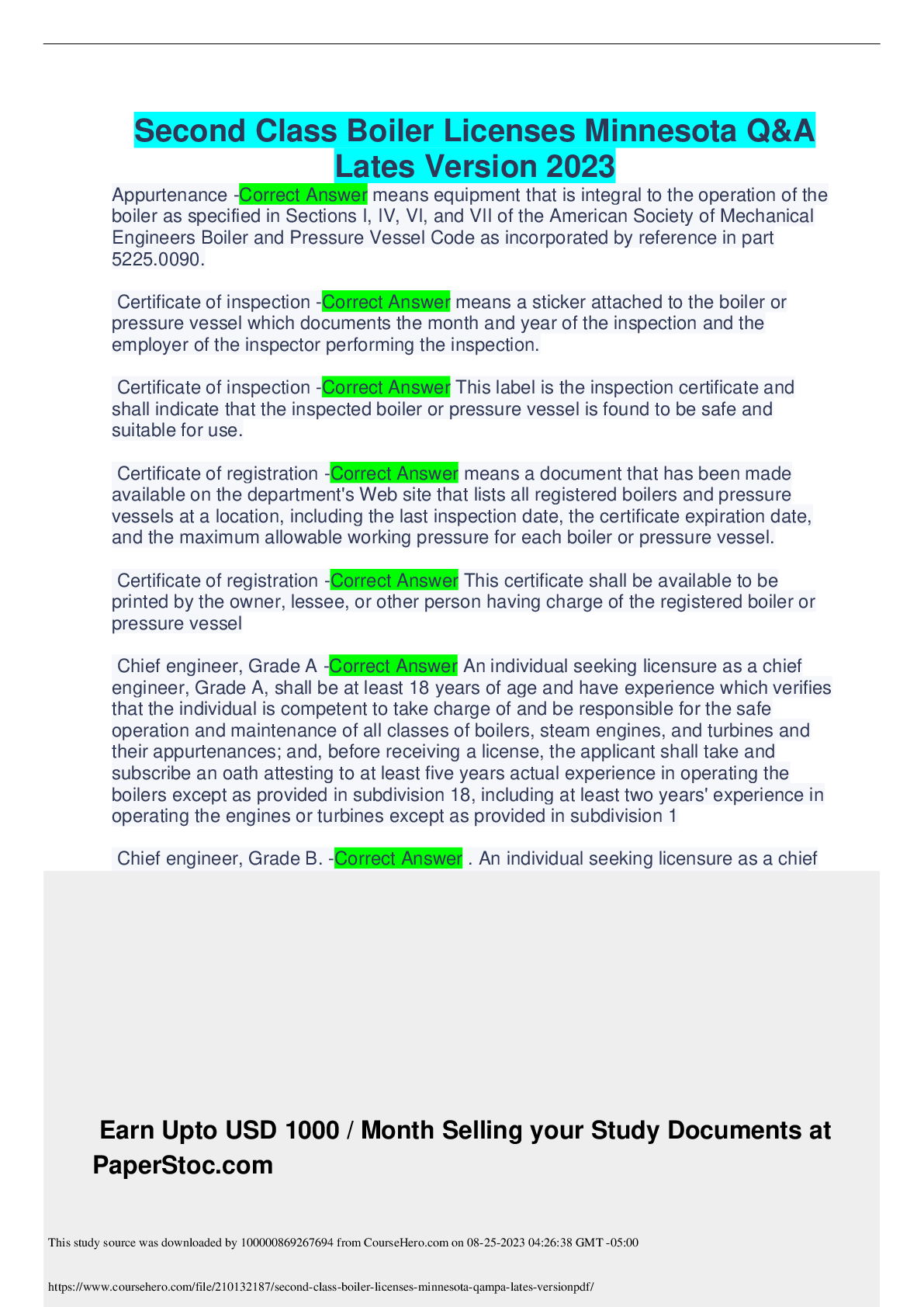 Preview image of Second Class Boiler Licenses Minnesota Q&ALates Version 2023 document