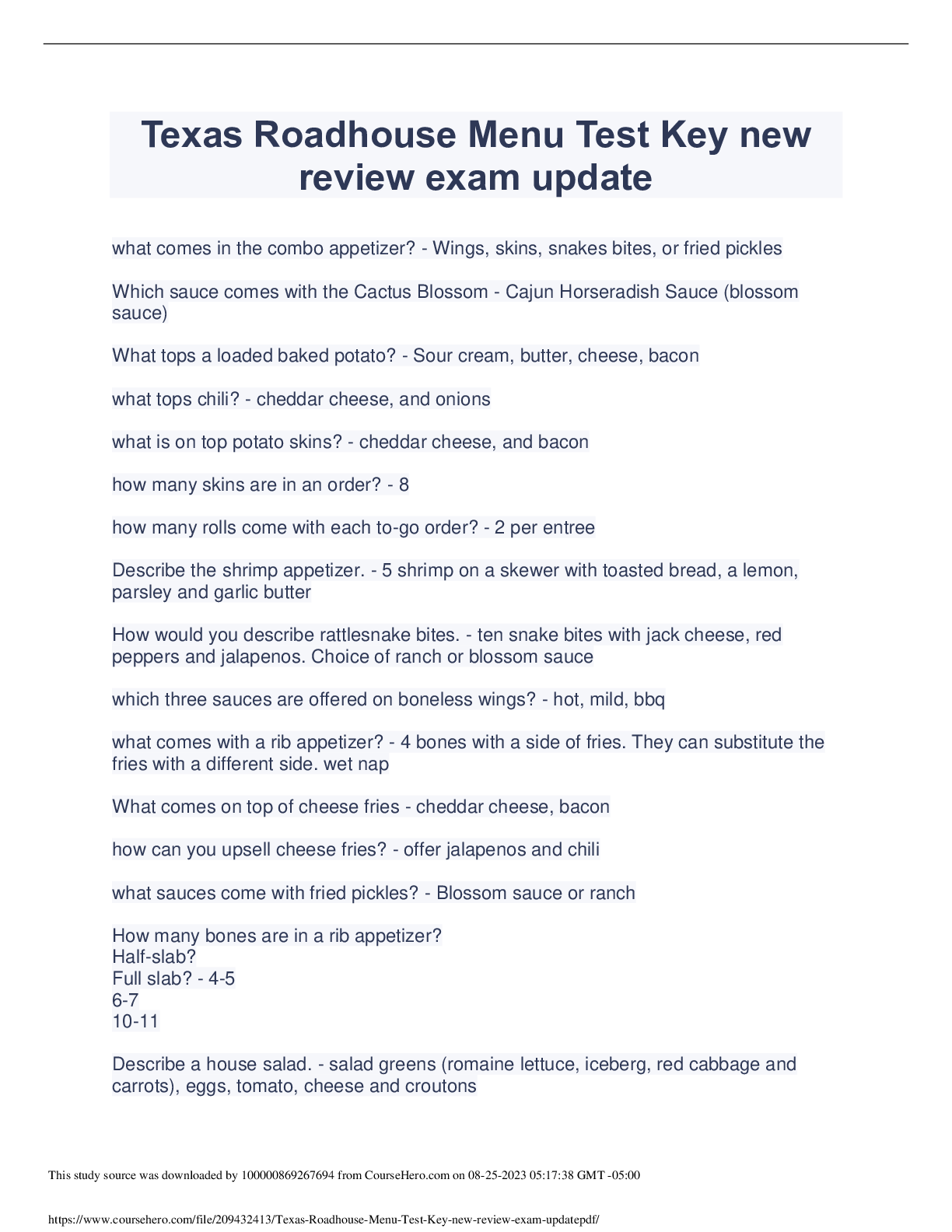 Preview of Texas Roadhouse Menu Test Key newreview exam update