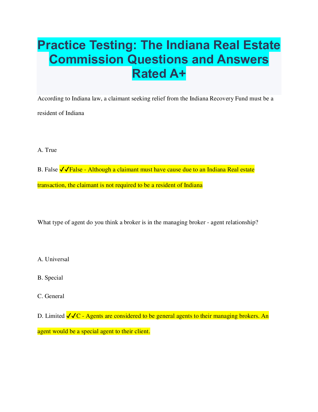 Preview image for Practice Testing: The Indiana Real Estate Commission Questions and Answers Rated A+