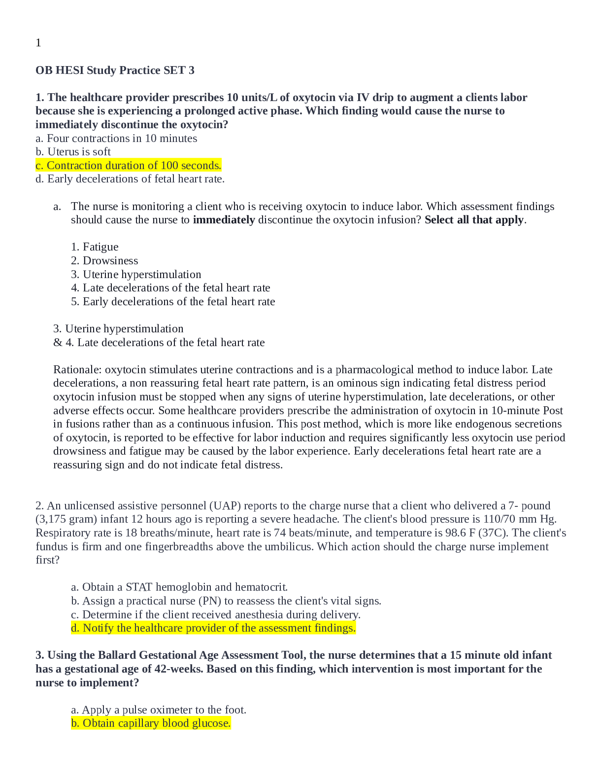 Preview image of OB HESI Study Practice SET 3 document