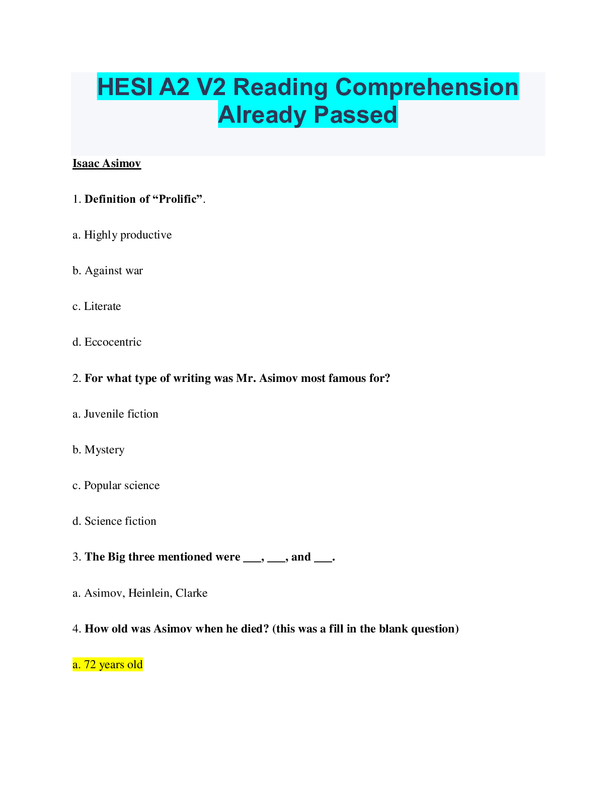 Hesi a2 v2 reading comprehension already passed browsegrades