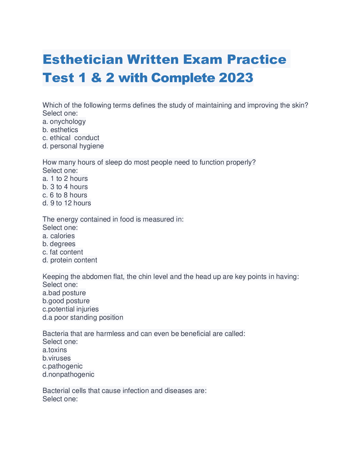 Preview of Esthetician Written Exam Practice Test 1 & 2 with Complete 2023