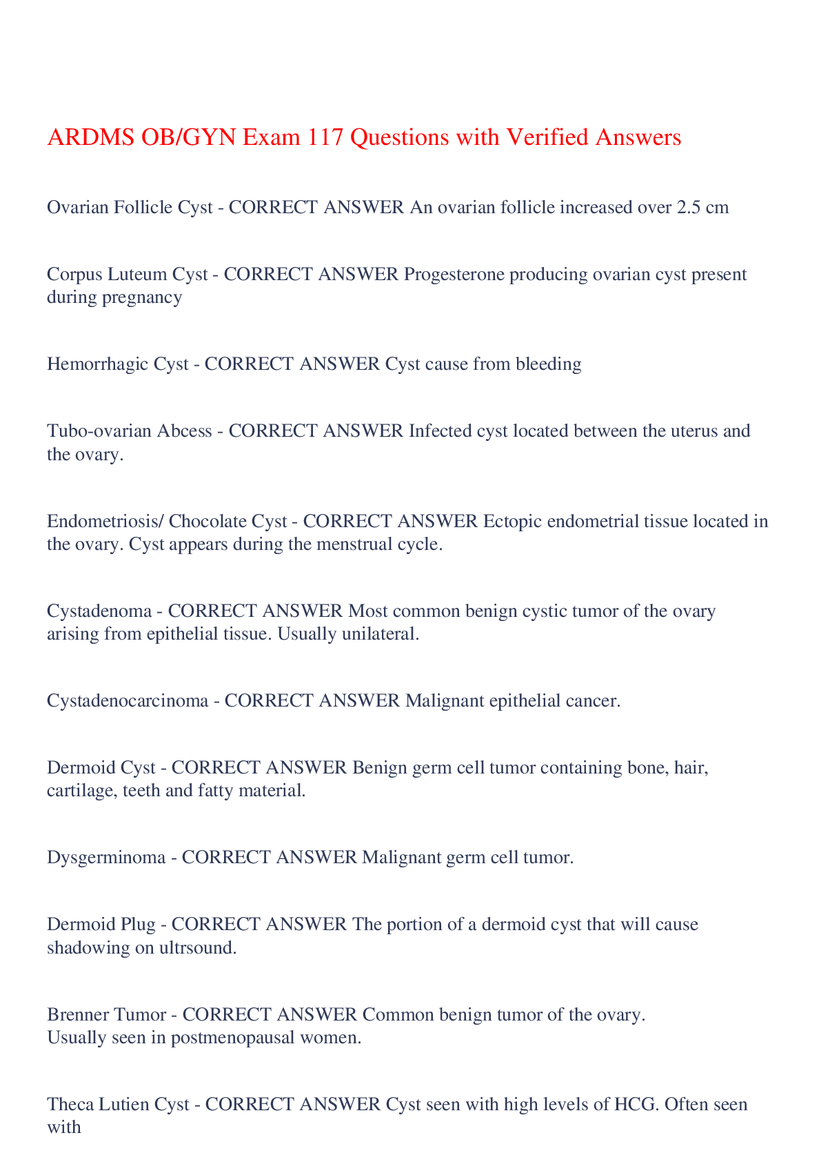 Preview of ARDMS OB/GYN Exam 117 Questions with Verified Answers,100% CORRECT
