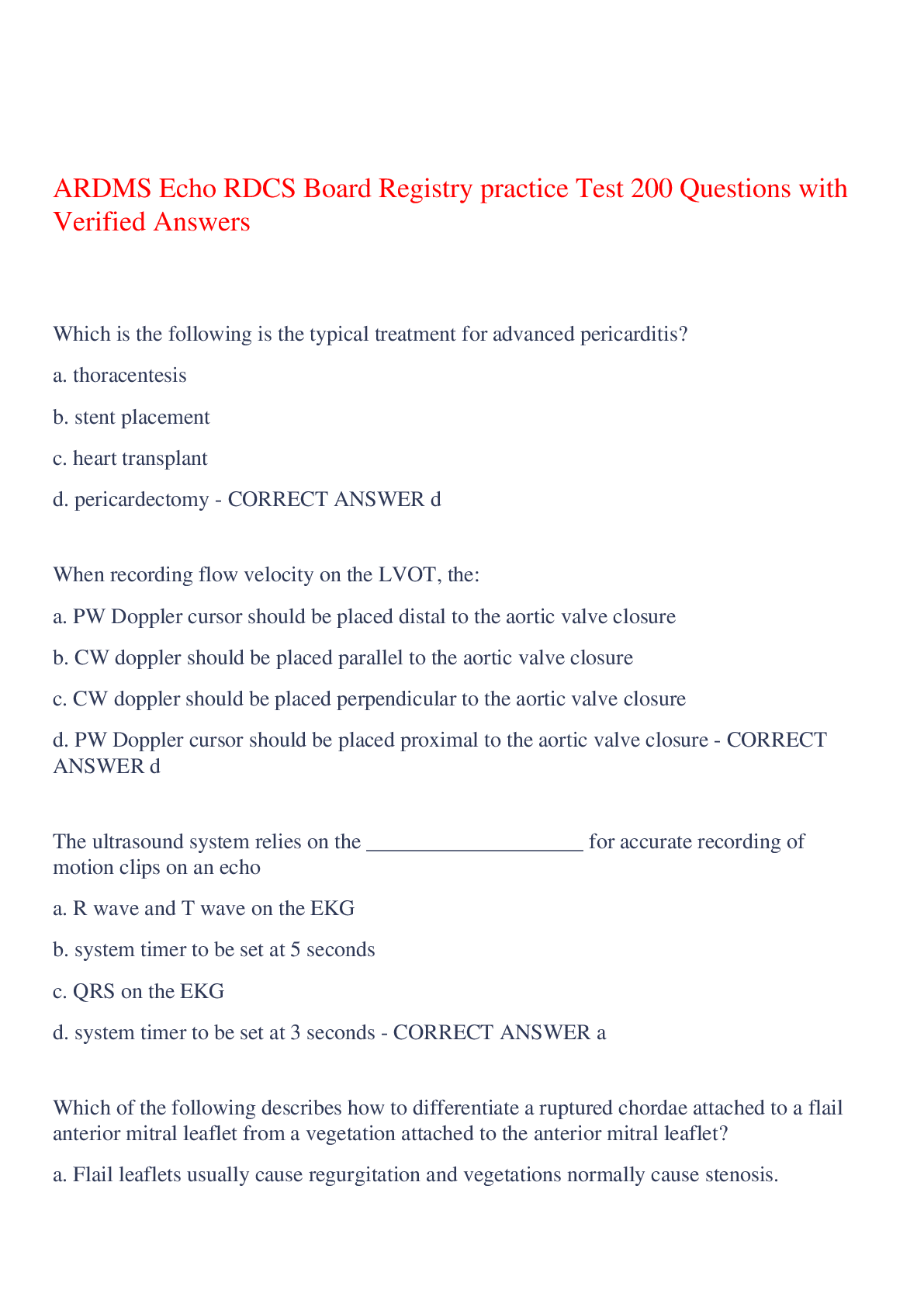Recommended document preview for ARDMS Echo RDCS Board Registry practice Test 200 Questions with Verified Answers,100% CORRECT