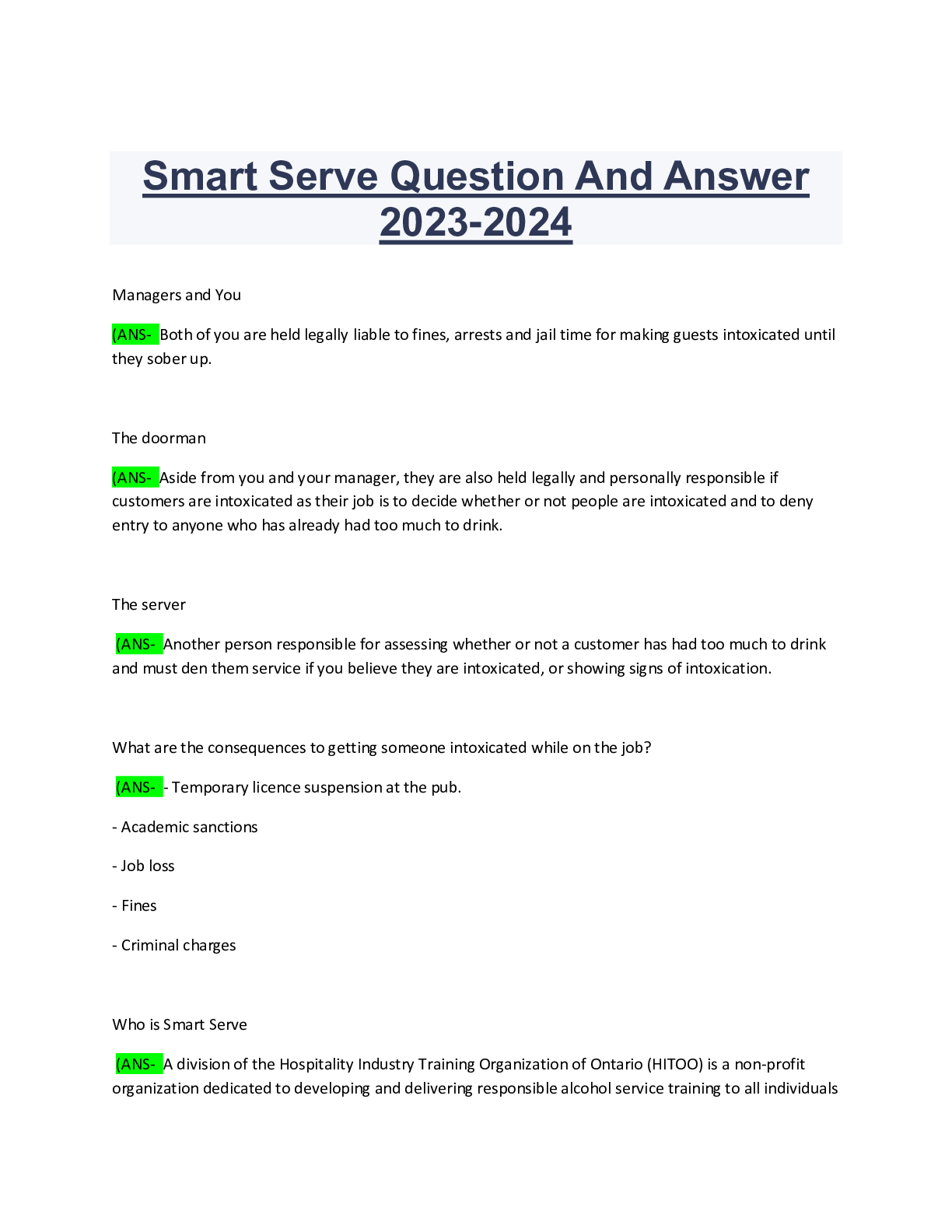 Preview image for Smart Serve Question And Answer 2023-2024