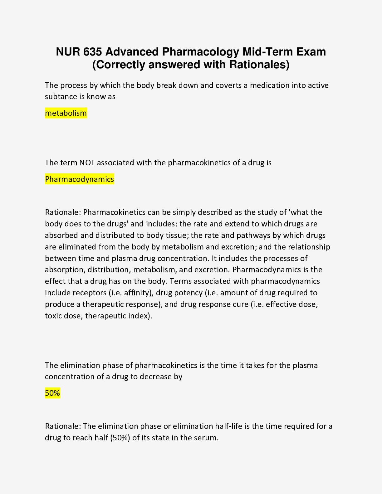 Preview image for NUR 635 Advanced Pharmacology Mid-Term Exam (Correctly answered with Rationales)