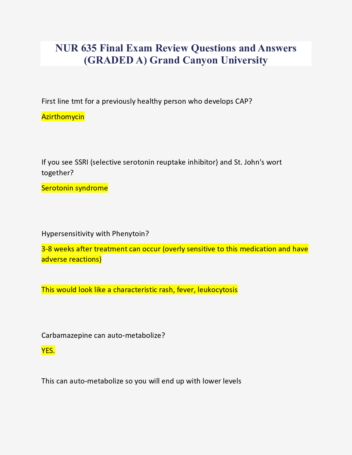 Preview image for NUR 635 Final Exam Review Questions and Answers (GRADED A) Grand Canyon University