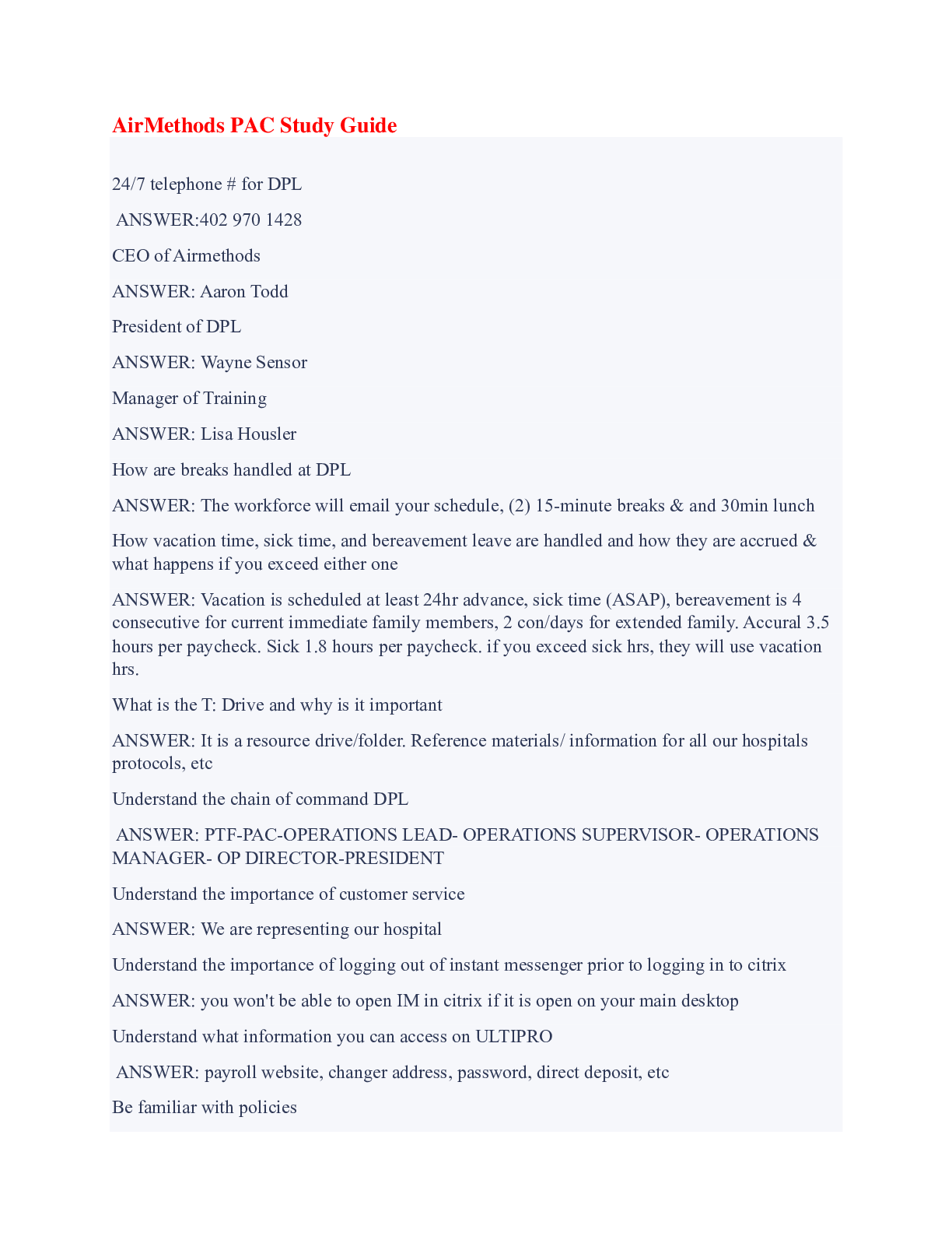 Preview image of AirMethods PAC Quiz with Complete Answers document