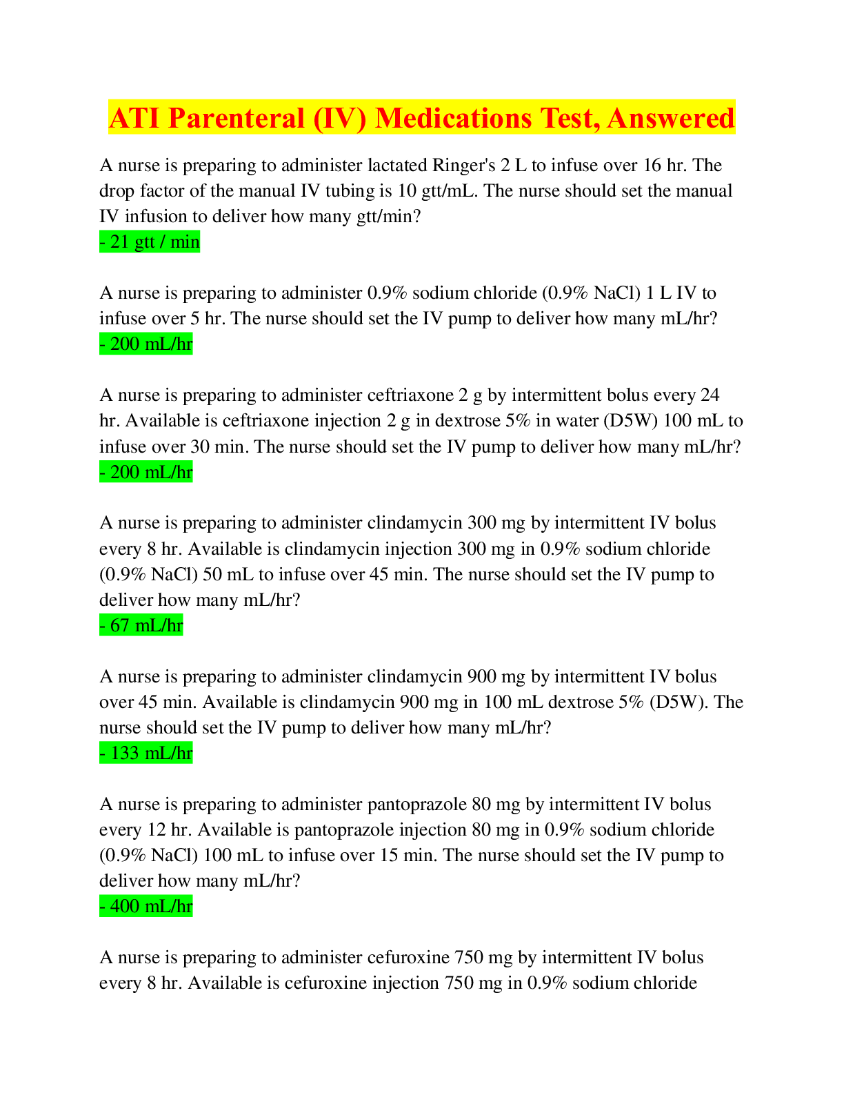 Preview of ATI Parenteral (IV) Medications Exam, Answered
