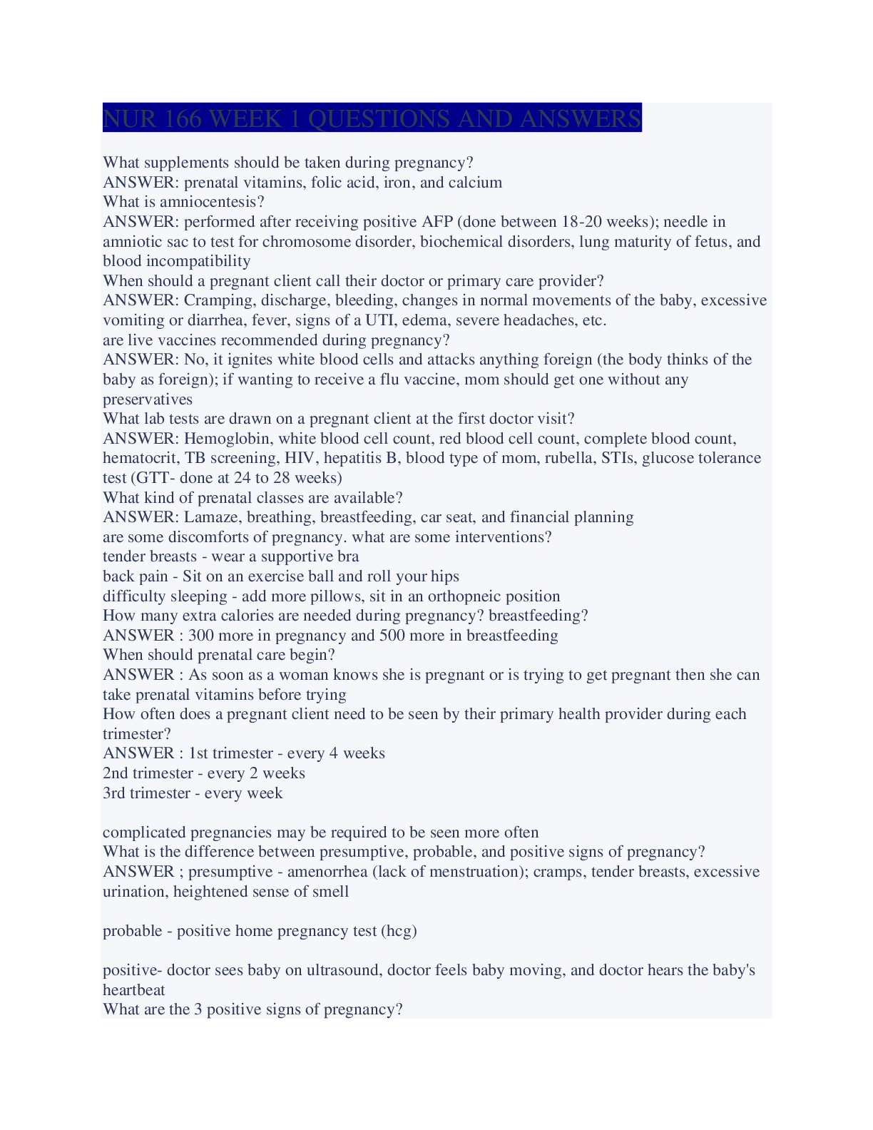 Preview of NUR 166 Exam 1 Questions and Answers