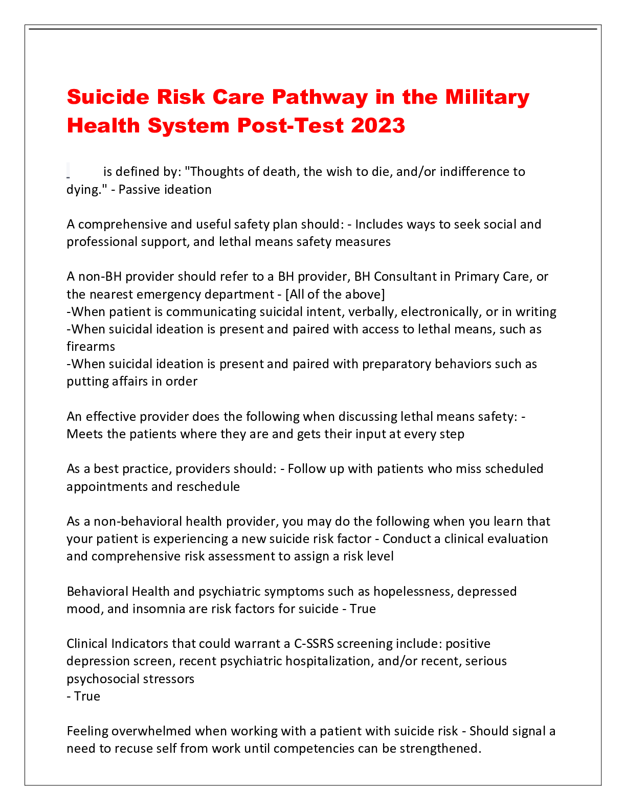 Preview image for Suicide Risk Care Pathway in the Military Health System Post-Test 2023
