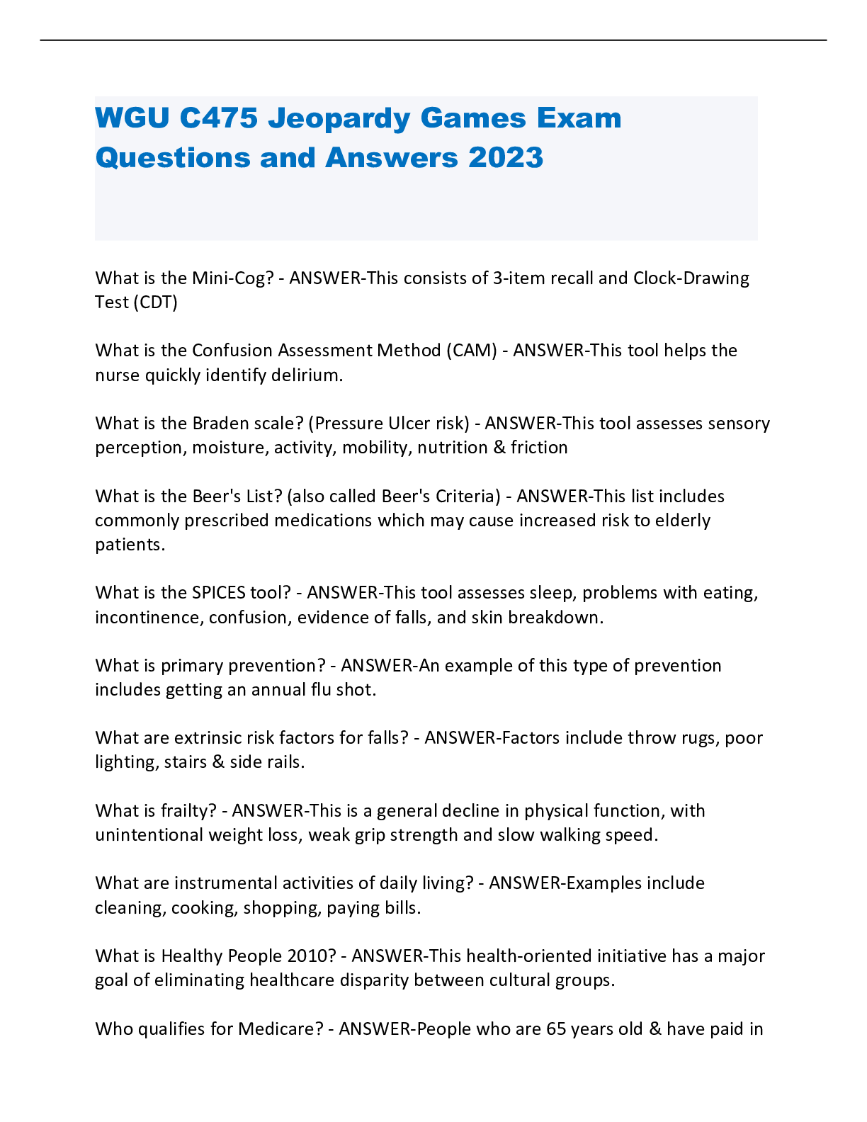 Preview image for WGU C475 Jeopardy Games Exam Questions and Answers 2023