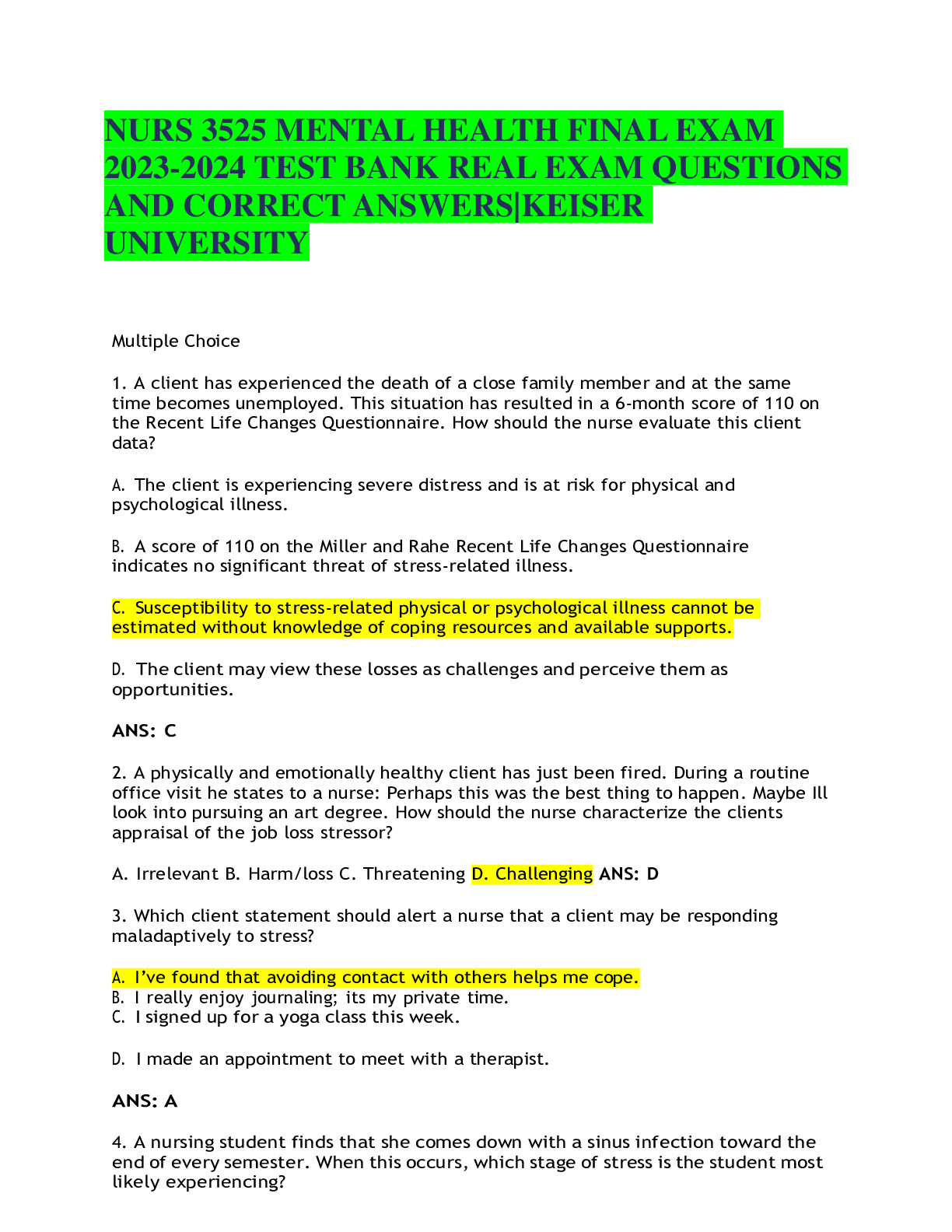 Preview image for NURS 3525 MENTAL HEALTH FINAL EXAM 2023-2024 TEST BANK REAL EXAM QUESTIONS AND CORRECT ANSWERS|KEISER UNIVERSITY