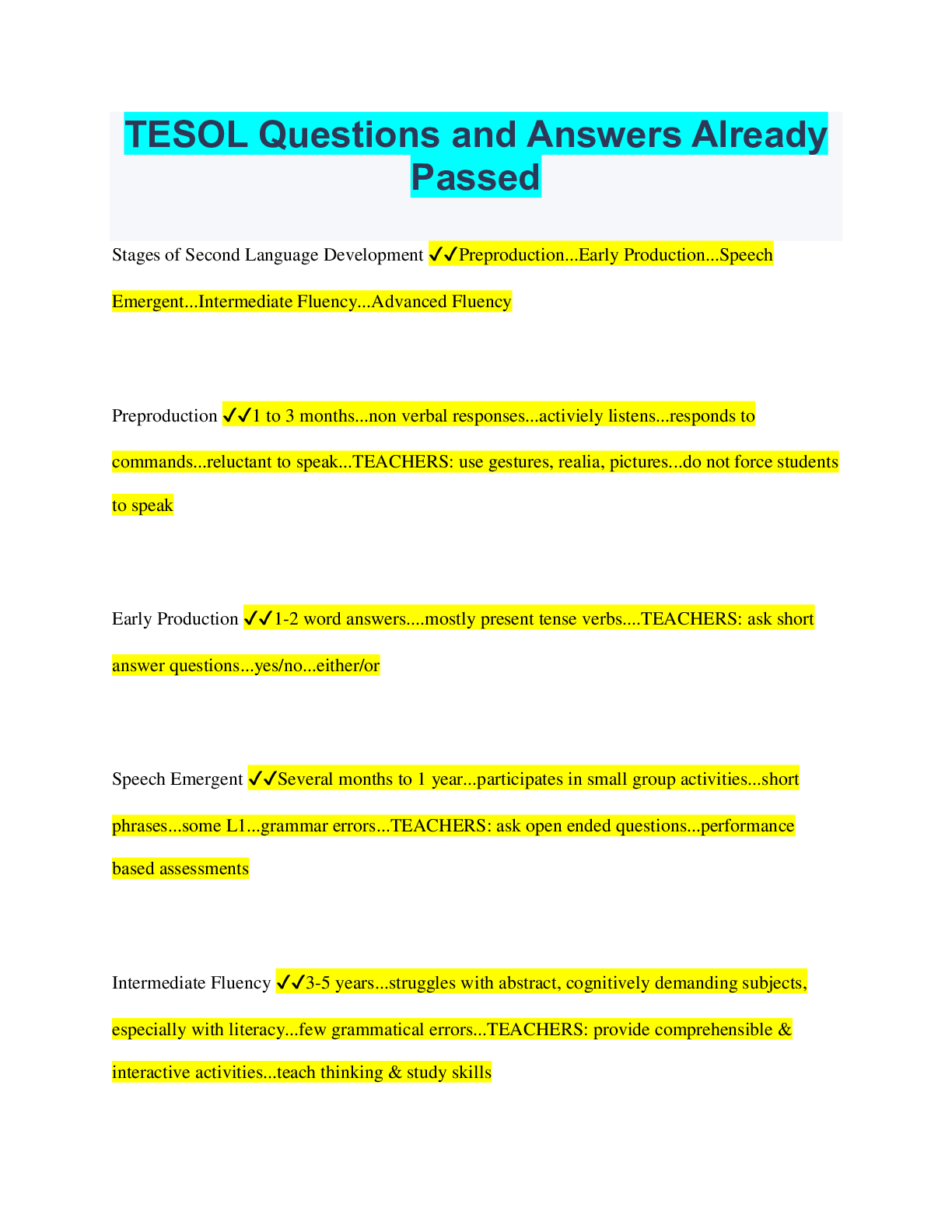 Preview image for TESOL Questions and Answers Already  Passed