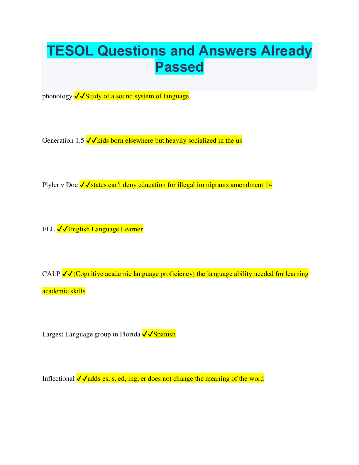 Preview image for TESOL Questions and Answers Already  Passed