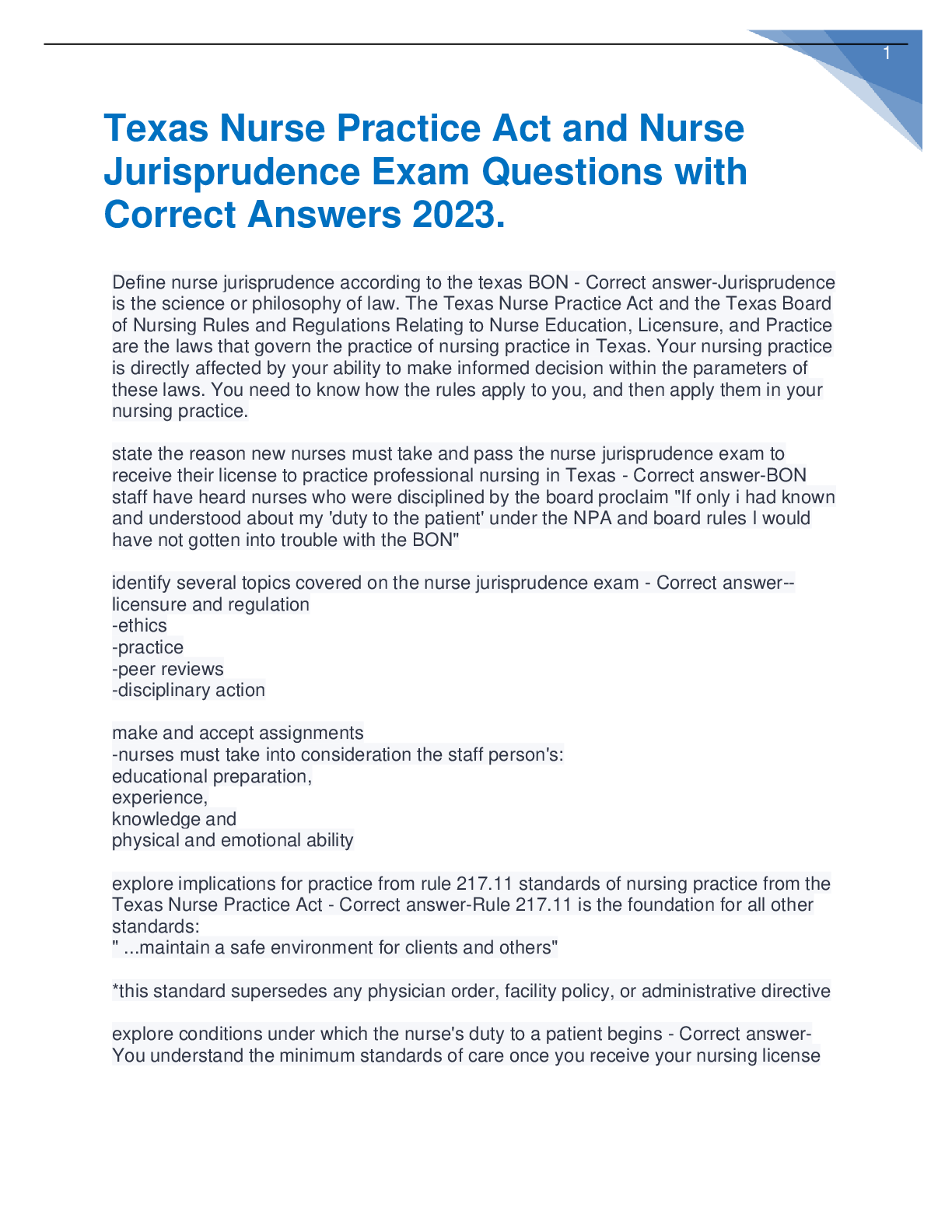 Preview image for Texas Nurse Practice Act and Nurse Jurisprudence Exam Questions with Correct Answers 2023.