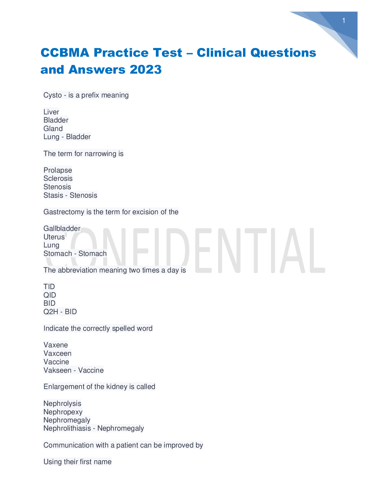 Preview image for CCBMA Practice Test – Clinical Questions and Answers 2023