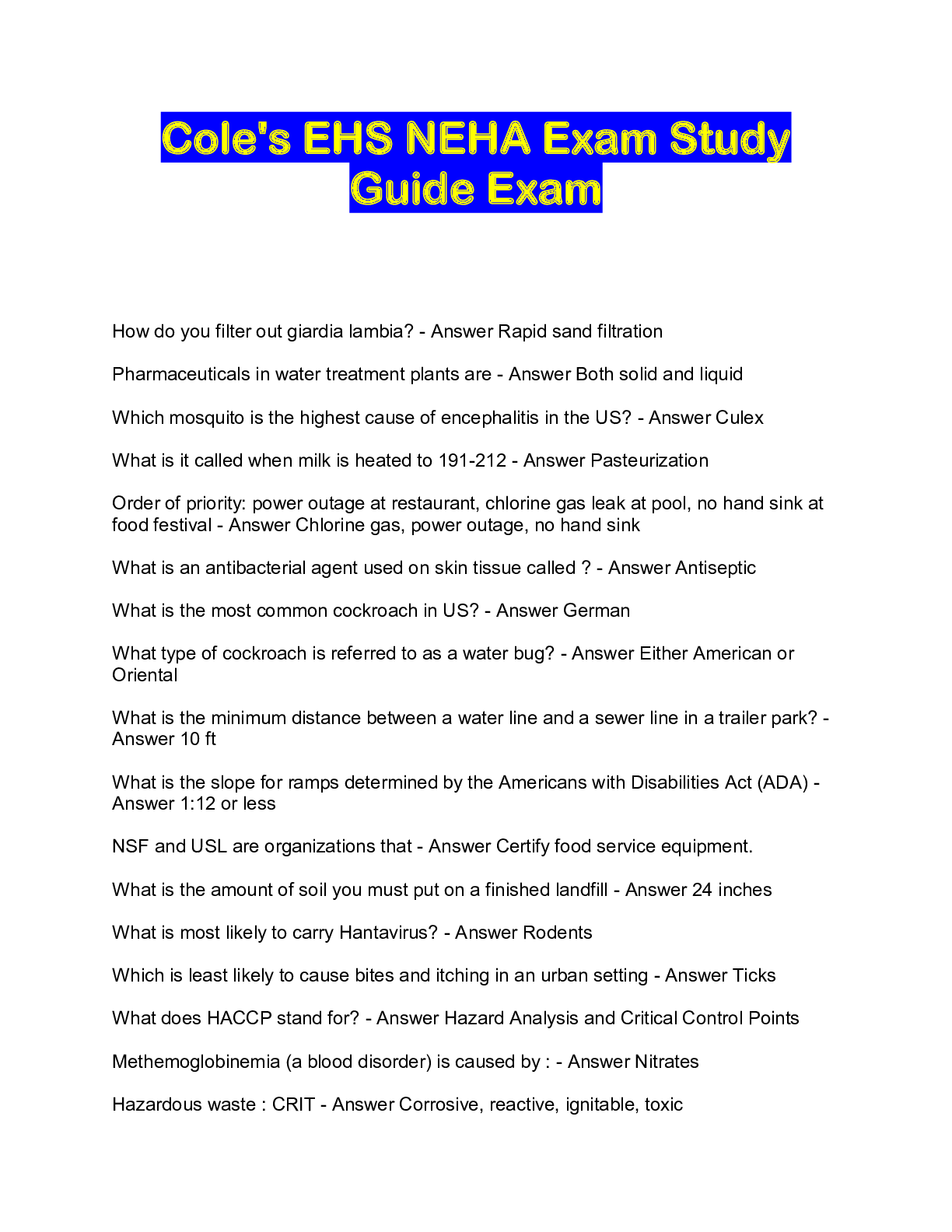 Preview image of Cole's EHS NEHA Exam StudyGuide Exam 2023 document
