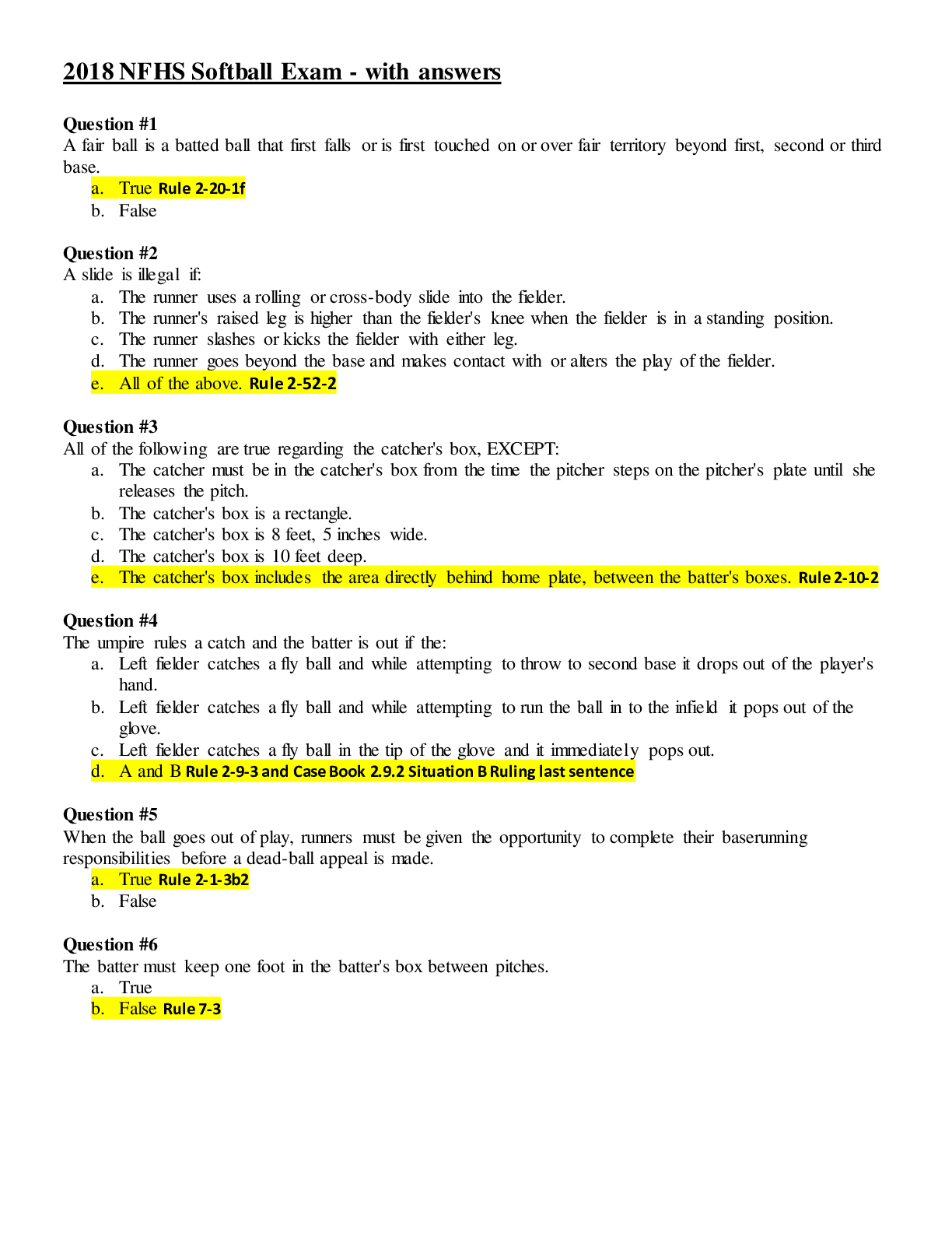 FHS Softball Exam with answers Browsegrades