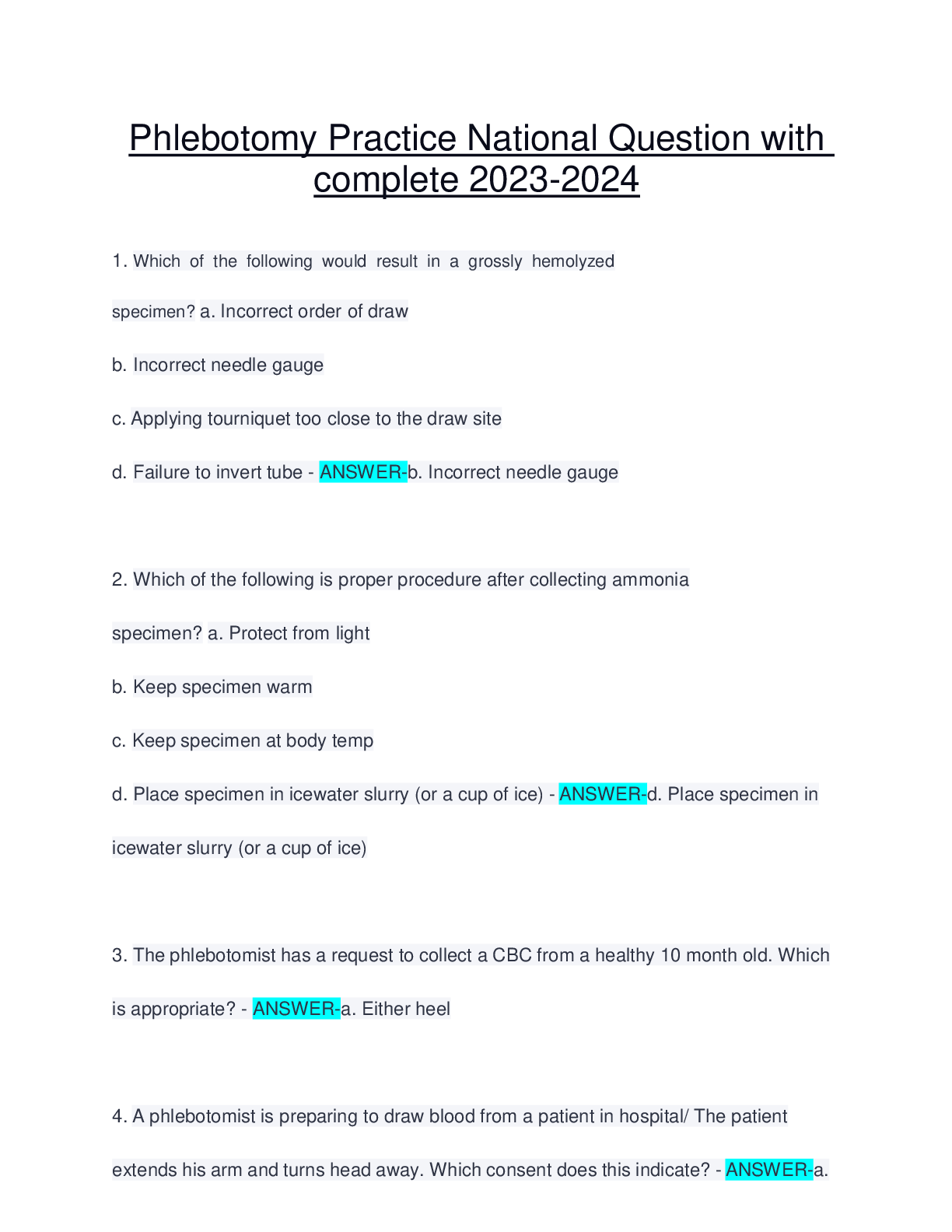 Preview image for Phlebotomy Practice National Question with complete 2023-2024