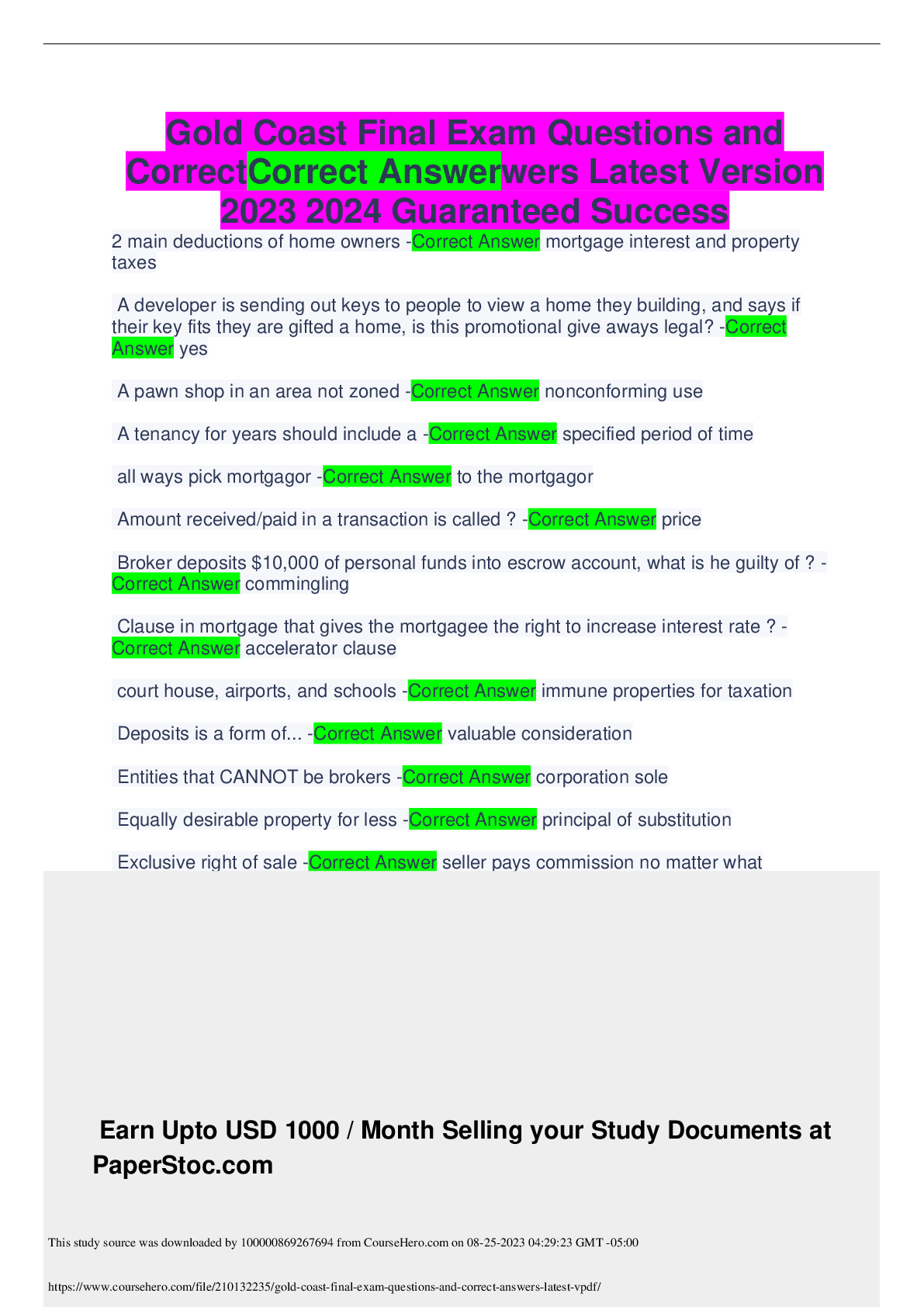 Preview of Gold Coast Final Exam Questions andCorrectCorrect Answerwers Latest Version2023 2024 Guaranteed Success