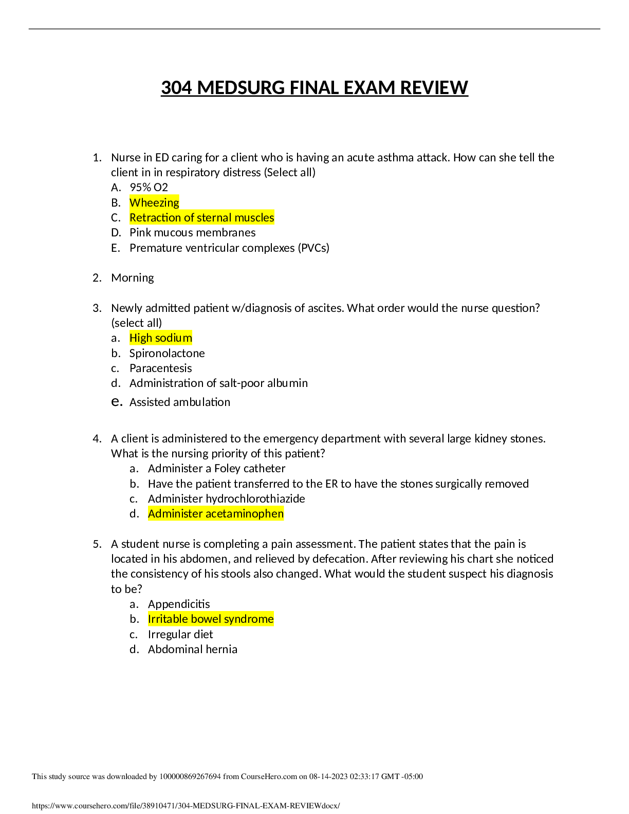 Preview of 304 MEDSURG FINAL EXAM REVIEW