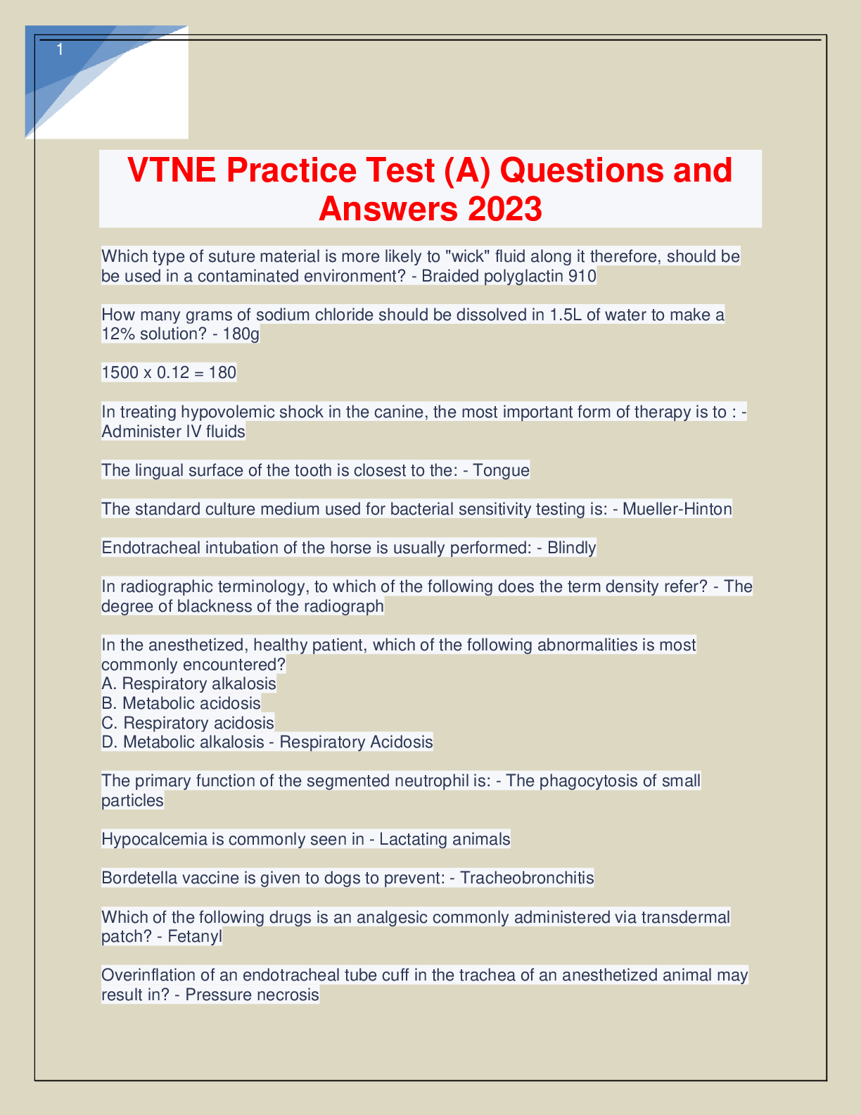 Preview image for VTNE Practice Test (A) Questions and Answers 2023