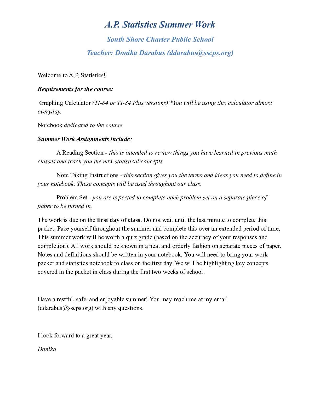 A.P. Statistics Summer Work 2023